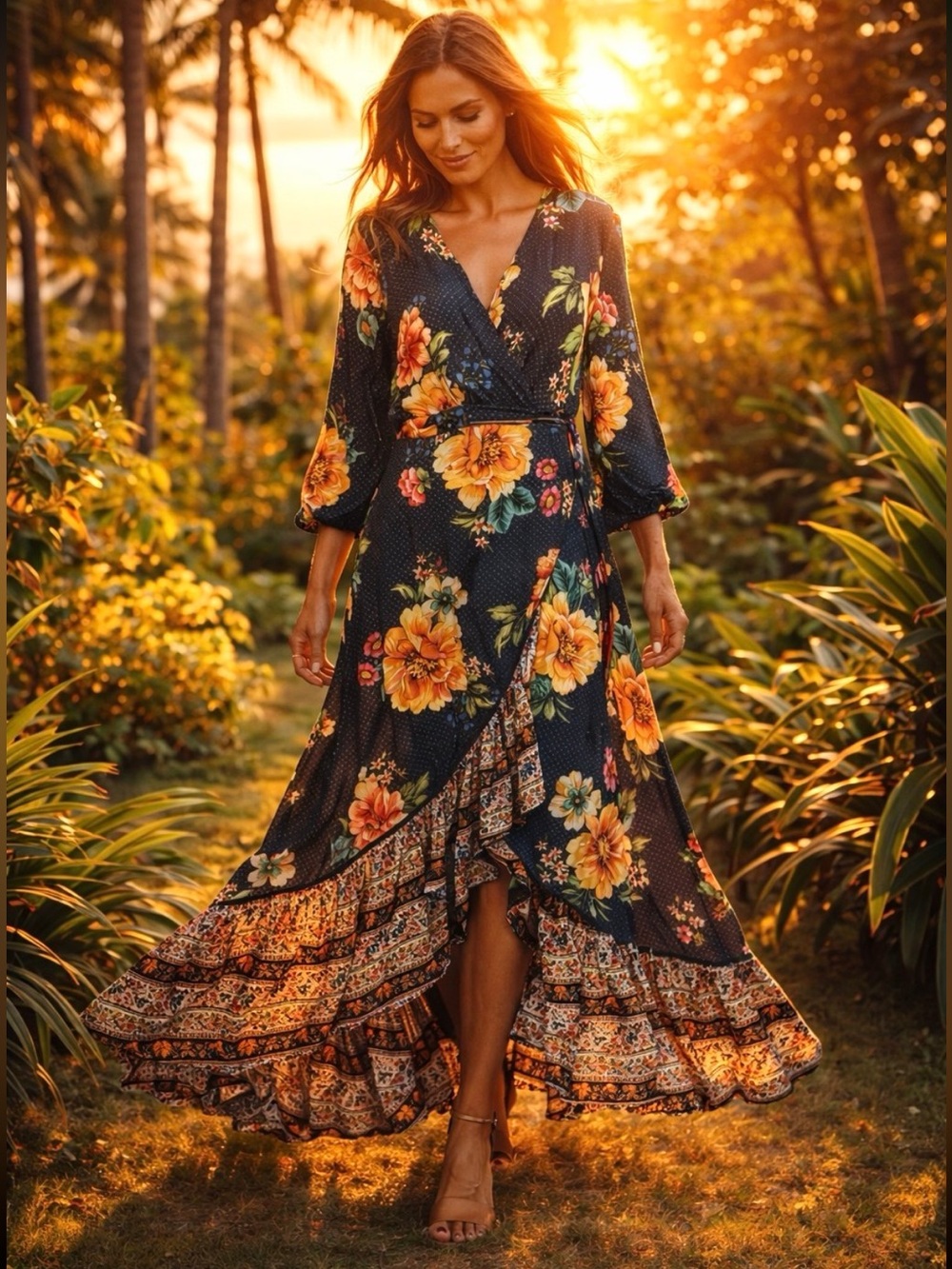 Farm Rio for Anthropologie Majorca Floral Wrap Maxi Dress Medium Boho Tropical